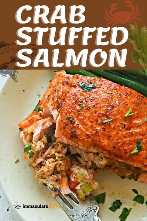 Heart-healthy salmon stuffed with crab, cream cheese, and delicious spices make a gorgeous entre that will make the whole family happy. Even better, this ridiculously mouthwatering seafood dish makes healthy eating a cinch. Seafood dinner ideas! Crab Stuffed Halibut, Salmon Stuffed With Crab, Crab Stuff Salmon Recipes, Seafood Dinner Ideas, Stuffed Salmon Recipe, Salmon Stuffed, Crab Stuffed Salmon, Cajun Cream Sauce, Spooky Dinner