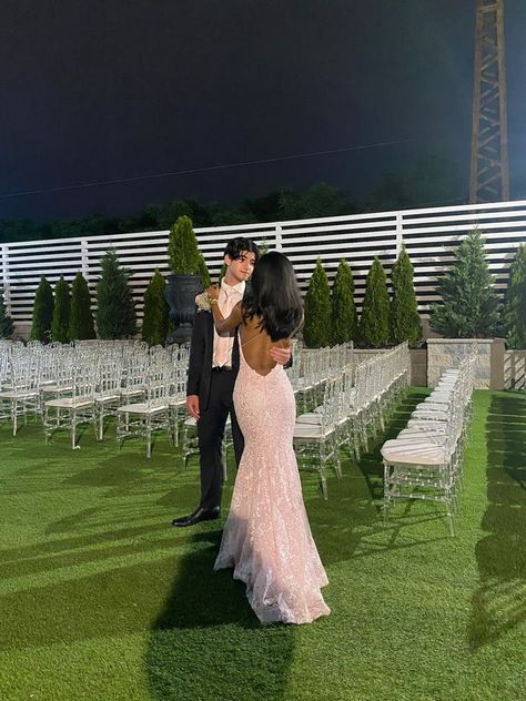 Pink Md Dresses, Prom Backless Dress, Baby Pink Dress Prom, Light Pink Prom Dress Aesthetic, Pink Prom Dress And Date, Prom Couple Poses Black People, Pink Prom Dresses Couple, Classy Prom Looks, Pink Dress Prom Couple