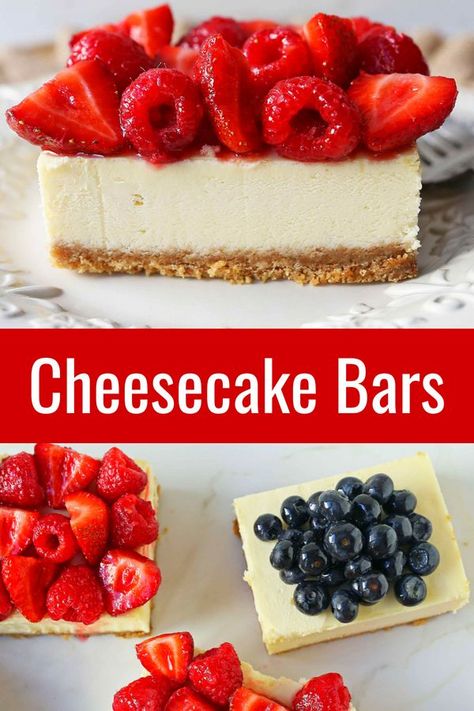 The BEST Creamy Cheesecake Bars. Homemade cheesecake squares with fresh berries. How to make the perfect cheesecake bars. #cheesecake #cheesecakebars #creamcheesedesserts The Perfect Cheesecake, Perfect Cheesecake, Modern Honey, Cheesecake Squares, The Best Desserts, Family Desserts, Cream Cheese Desserts, Homemade Cheesecake, Popular Desserts