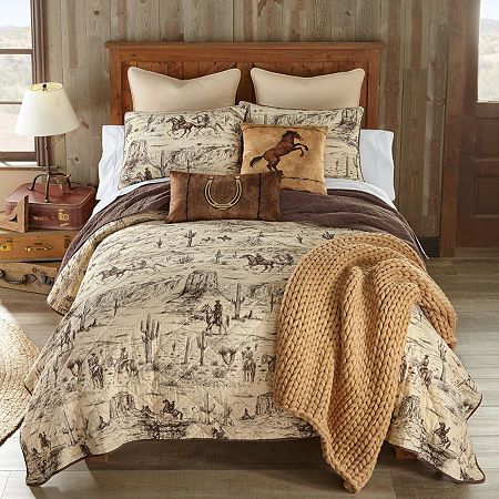 Saddle up for style and get ready to embark on a wild west adventure with the donna sharp cowboy cotton quilt set. This striking bedding ensemble captures the rugged spirit of the frontier with its captivating whole cloth design. Featuring sketched cowboy figures, graceful horses, and iconic cacti set against a desert landscape backdrop, the cowboy quilt set transforms your sleeping space into a western oasis. With a color palette of rich chestnut brown and soft cream, this quilt set evokes the warmth and earthy charm of the desert landscape. This bedding ensemble serves as a captivating reminder of the untamed beauty of the American southwest. 100% cotton, 50/50 cotton/poly fill. Prewashed to prevent shrinkage and fading. Machine wash cold, do not bleach, tumble dry low. Each set includes Cowboy Quilt, Western Quilts, Western Rooms, Western Bedding, Western Bedroom, Bed Ensemble, Cotton Quilt Set, Cloth Design, Inspire Me Home Decor