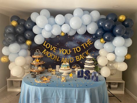 Moon And Stars Shower Theme, Over The Moon Boy Baby Shower Ideas, Space Theme Gender Reveal Ideas, Outer Space Gender Reveal, To The Moon And Back Decorations, Over The Moon Party Theme, Starry Baby Shower Theme, Moons And Stars Baby Shower Ideas, Baby Shower Over The Moon Theme