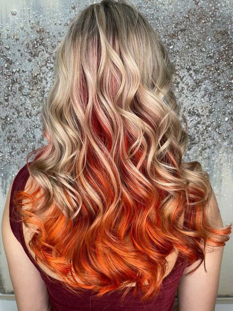 blonde hair with red underneath, sunset hair Sunset Hair Underneath, Blonde Hair With Orange Underneath, Peekaboo Hair Colors, Sunset Hair, Hair Color Orange, Fire Hair, Peekaboo Hair, Ombre Hair Blonde, Ginger Hair Color