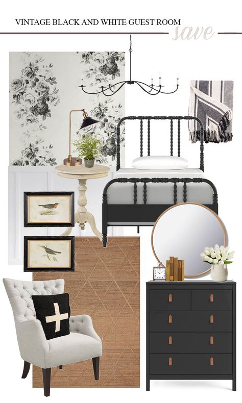 Coastal Bedrooms Black Bed, Black Toile Bedroom Ideas, Guest Room Black And White, Vintage Black And White Bedroom, Guest Room Metal Bed, Black Iron Bed Decor Modern, Guest Bedroom With Black Furniture, Guest Room Black Furniture, Guest Room Black Bed Frame