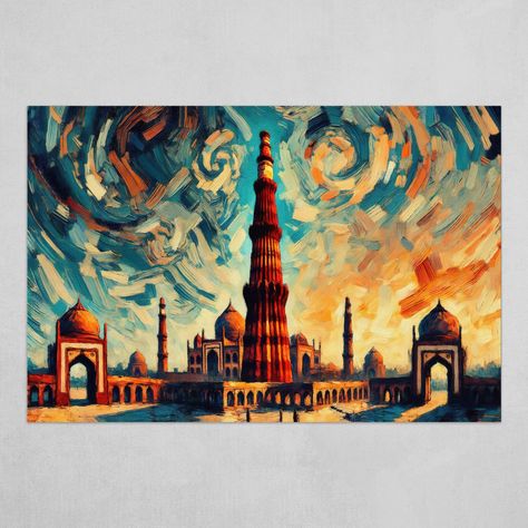 This artwork brings out the grandeur of Qutub Minar in a Van Gogh-inspired style, showcasing the intricate carvings and impressive height of the monument through thick, expressive brushstrokes. I aimed to highlight both the earthy strength of the minaret and the ethereal beauty of the surrounding structures, with a sky painted in warm sunset tones that adds a sense of drama and history. The bold colors and textured strokes offer a new perspective on one of Delhi’s most treasured landmarks. Qutub Minar, Portrait Fine Art, Warm Sunset, Ethereal Beauty, New Perspective, Brush Strokes, Van Gogh, Bold Colors, Monument