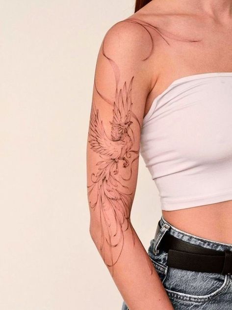 Phoenix Tattoo Back Of Arm, Phoenix Tattoo Feminine Arm, Phoenix Tattoo Shoulder, Phoenix Tattoo Feminine Back, Phoenix Shoulder Tattoo, Shoulder Arm Tattoo, Feminine Phoenix Tattoo, Phoenix Tattoo Arm, Vintage Aesthetic Tattoos