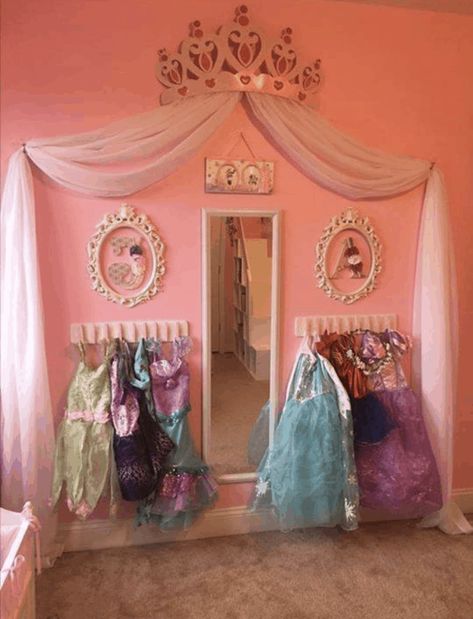 40+ Girls Bedroom Ideas With An Awesome Play Space Restroom Ideas, Dress Up Area, Dress Up Storage, Girls Playroom, Princess Bedroom, Princess Dress Up, Princess Room, Toddler Bedrooms, Girl Bedroom Decor