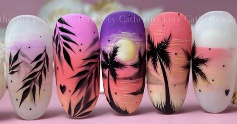 Nail Art Palm Tree, Sunset Nail Art, Coconut Nail Art, Nail Art Summer Beach, Beach Nail Art Designs, Sea Nail Art, Sponge Nail Art, Palm Tree Nail Art, Tropical Nail Art