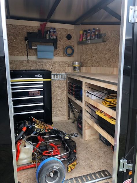 How is your trailer setup for Karting? - Getting Started in Karting - KartPulse: Karting’s Community Hub Go Kart Trailer Setup, Dirtbike Trailer Setup, Race Trailer Interior, Race Trailer Organization, Cargo Trailer Organization, Construction Organization, Enclosed Utility Trailers, Moto Trailer, Van Setup