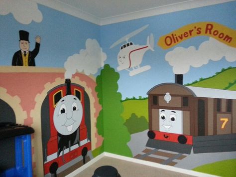 Thomas the tank engine mural by me www.facebook.com/JJmurals Train Mural, Thomas Wallpaper, Train Room Decor, Thomas Tank Engine, Thomas Bedroom, Train Bedroom, Boy Toddler Bedroom, Boys Bedroom Makeover, Kids Room Murals