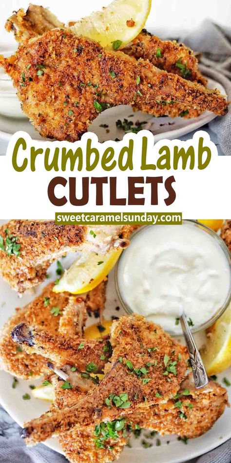 Crumbed lamb cutlets on white plate with sauce and lemon wedges. Text is written between 2 images. Curried Lamb Chops, Lamb Cutlets Recipe Dinners, Crispy Chicken Caesar Cutlets, Lamp Chops Recipe, Crispy Chicken Ceaser Cutlets, Lamb Cutlets Recipe, Crumbed Lamb Cutlets, Spain Recipes, Crumbed Lamb Chops