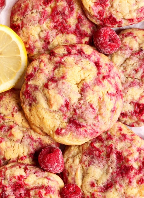 Raspberry Lemonade Cookies, Lemonade Cookies, Chocolate Raspberry Brownies, Brownie Vegan, Fruity Cookies, Berry Cookies, Blueberry Cookies, Frozen Raspberries, Raspberry Cookies