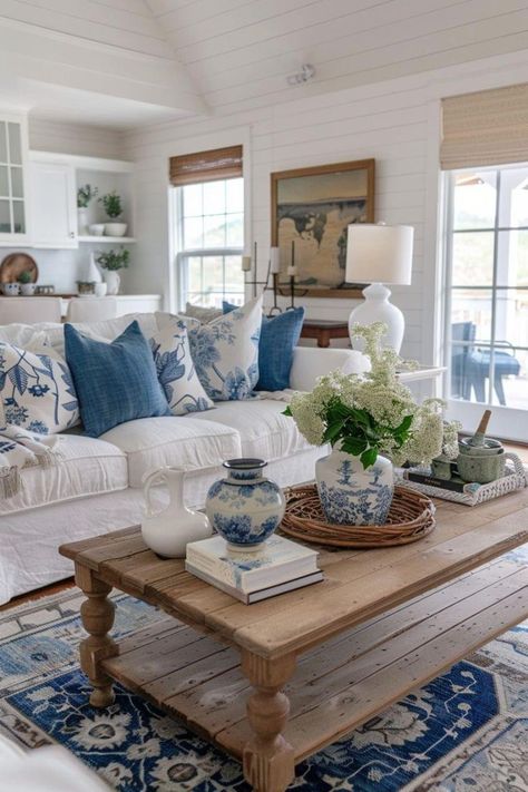 ￼ Blue And White Living Room Coastal, Florida House Decor, Farmhouse On A Budget, Blue And Cream Living Room, Farmhouse Beach Decor, Coastal Farmhouse Living Room, Ideas Decoracion Salon, Blue And White Decor, Blue And White Living Room