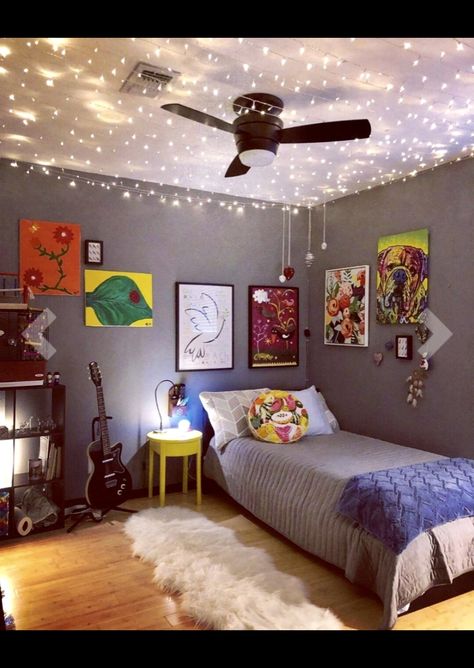 string lights on the ceiling ✨ Vibes On Ceiling, Ceiling Lights Bedroom Aesthetic, Alternative Lighting Bedroom, String Lights Bedroom Ceiling, String Lights On Ceiling, String Lights Bedroom Ideas, Ceiling String Lights, String Lights Ceiling, Kids Room String Lights