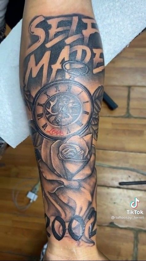 Male Arm Tattoos Forearm, Black Male Tattoos Forearm, Black Male Tattoos Arm, Trap Tattoo Ideas, Self Made Tattoo Men, Male Tattoo Ideas Meaningful, Forearm Tattoo Men Sleeve Clouds, Men Tattoo Ideas Forearm Half Sleeves, Black Men Tattoos Ideas Arm