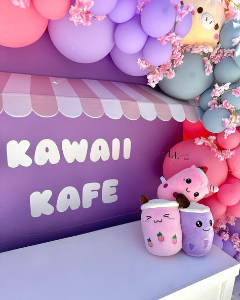 Now serving delicious Boba. 🧋💜💘 Are we obsessed with this “kafe” because I know I am! 😍 Our mini dessert table is available for rent and makes the perfect cake display. 💕 Setup, backdrop, and balloons @aloveforlavish - - - - Kawaii, pastel balloons, balloon styling, backdrop and balloons, Squishmallows, cute cafe, boba, boba love, boba life, kids party ideas, plushies, balloon decor #kawaii #kawaiiaesthetic #kawaiitheme #kawaiipastel #pastelballoons #squishmallows #kawaiiplushies #boba Boba Balloon Ideas, Kawaii Party Decorations, Kawaii Party Ideas, Mini Dessert Table, Boba Cake, Kawaii Birthday Party, Balloon Styling, Sanrio Birthday, Kids Party Ideas