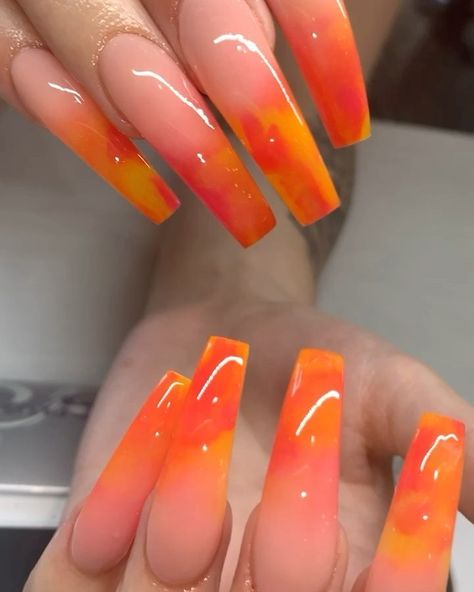 Pink Orange Marble Nails, Orange Blooming Nails, Pink Orange Acrylic Nails, Orange And Pink Marble Nails, Orange Marble Nail Designs, Sunset Marble Nails, Orange Marble Nails Acrylic, Caribana Nails, Orange Square Acrylic Nails