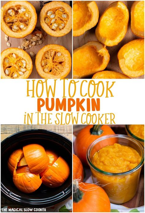 The easiest way to cook pumpkin is in the slow cooker! No oven required to make a perfect pumpkin puree for all your recipe needs. #pumpkin #slowcooker #crockpot #pumpkinpuree #pumpkinpie Fresh Pumpkin Recipes, Cook Pumpkin, Whole Pumpkin, Pumpkin Crockpot, Pumpkin Puree Recipes, The Magical Slow Cooker, Pumpkin Recipes Easy, Cooking Pumpkin, Slow Cooker Pumpkin