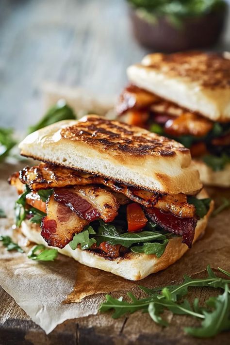 Honey Toasted Halloumi & Bacon Sandwiches with Marinated Veggies Unique Flavor Combinations, Halloumi Lunch, Warm Sandwich Recipes, Halloumi Toast, Panini Ideas, Halloumi Sandwich, Winter Sandwiches, Sandwich Aesthetic, Halloumi Recipes