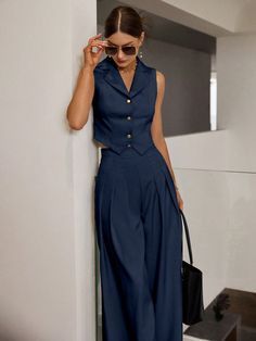 Work Matching Set, Dark Blue Dress Pants Outfit Women, Sleek Minimalist Fashion, Elegant Outfit Shein, Vest Set Outfit, Outfit Bleu Marine, Blue Elegant Outfit, Navy Blue Outfits For Women, Cute Lawyer Outfits