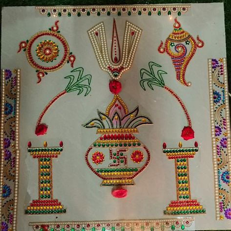 Devuthani Ekadashi, Kundan Rangoli Designs, Kundan Rangoli, Goddess Face, Wedding Platters, Newspaper Crafts Diy, Acrylic Rangoli, Sahaja Yoga, God Wallpaper