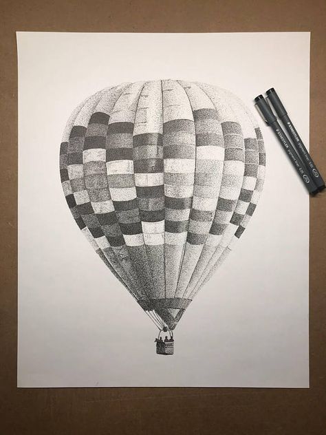 “Up and Away” 14x17” pen and ink Canson Mixed Media Paper (98lb) (Hot air balloon is ~ 13.5x10.5”) Take flight with this large hot air balloon piece! 100% pointillism, with easily over 10,000 dots, this piece is big enough to see from far away, and intricate enough for people to want Drawings Of Hot Air Balloons, Drawing On Big Paper, Hot Air Balloon Tattoo Black And White, Pointillism Drawing Ideas, Hot Air Balloon Sketch, Monochrome Moodboard, Ballon Drawing, Hot Air Balloon Illustration, Graphite Sketches