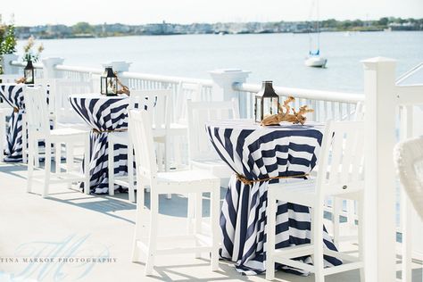 Fresh Nautical Yacht Club Wedding — A Garden Party Cocktail Table Wedding, Cocktail Hour Flowers, Yacht Party Theme, Hamptons Party, Nautical Bar, Cocktail Hour Decor, Sailing Theme, Yacht Wedding, Yacht Club Wedding