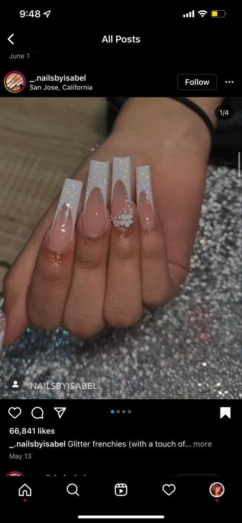 Frenchies Acrylic Nails, Acrylic Nails Instagram, Glitter Frenchies, Frenchies Nails, French Top, Glitter French Tips, Nail Art Glitter, White French Tip, Baddie Tips