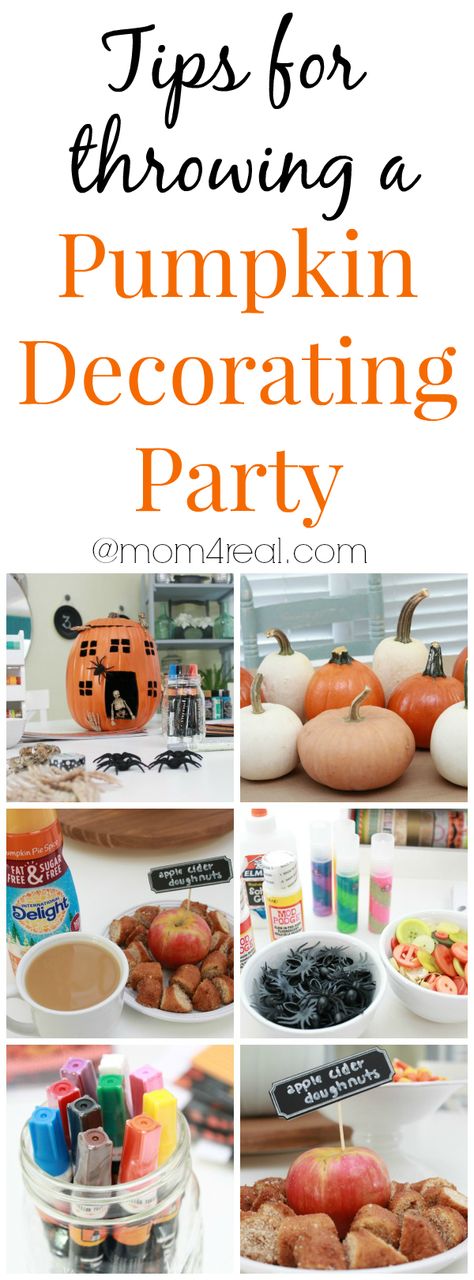 Tips for throwing a Pumpkin Decorating Party - mom4real.com #IDelight Fall Themed Bday Party, Pumpkin Carving Snacks, Pumpkin Carving Party Ideas Kids, Pumpkin Painting Party Kids, Pumpkin Themed Birthday Party, Pumpkin Party Food, Kids Pumpkin Carving Party, Pumpkin Carving Party Ideas, Pumpkin Party Ideas