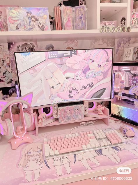 Pink And White Gaming Setup Aesthetic, Gaming Setup Black And Pink, Pink Computer Setup, Kawaii Pc Setup, Pink Pc Setup, Pink Gaming Room, Kawaii Gaming Setup, Kawaii Posters, Pink Pc