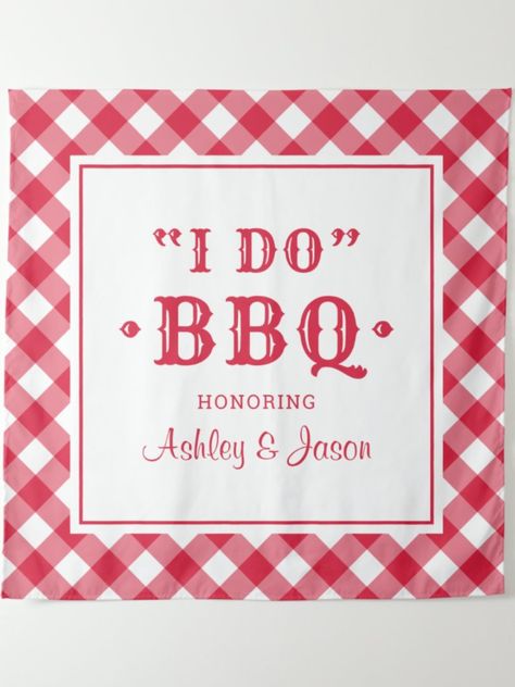 #ad | Monogram Tapestry Festive and stylish custom wedding tapestry sign / party backdrop for a backyard "I Do Barbecue" event. Personalize with the bride and groom names and date. Includes a red and white gingham / tablecloth plaid patterned border and elegant rustic typography. Perfect for a casual summer outdoor BBQ wedding party or reception. I Do Barbecue, Bbq Theme Party, Wedding Tapestry, Bbq Decorations, Bbq Theme, Small Backyard Wedding, Gingham Tablecloth, Custom Wedding Monogram, Red And White Gingham