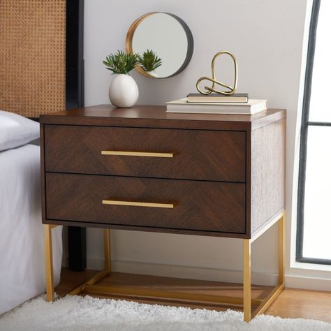 Alive with natural beauty and a dynamic modern pattern, this contemporary nightstand brings lan to any bedroom. Designed with a walnut finish and substantial brass metal hardware and legs, its generous two drawers make it as functional as it is stylish. Size: 2-drawer. Color: Brown. Contemporary Nightstand, Walnut Nightstand, Wood Nightstand, Changing Wall Color, Furniture Outlet Stores, Modern Pattern, Brass Metal, Metal Hardware, Home Collections