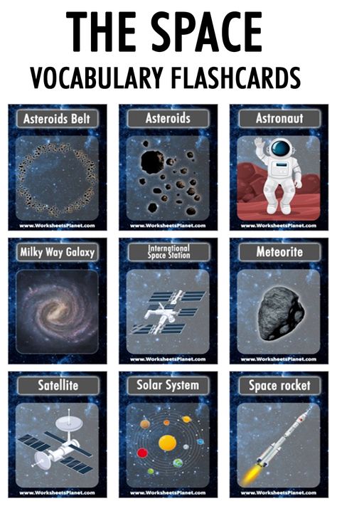 Space Flashcards, Montessori Space, Space And Universe, Space Vocabulary, Space Lesson Plans, Galaxy Projects, Space Lessons, Reading Body Language, Preschool Assessment