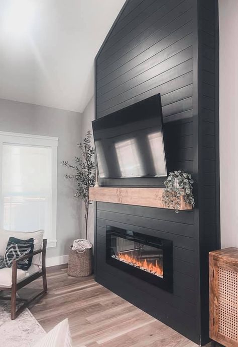 Black Shiplap, Cave Basement, Remodel Basement, Build A Fireplace, Black Fireplace, Shiplap Fireplace, Living Room Decor Fireplace, Kindergarten Learning, Living Room Scandinavian