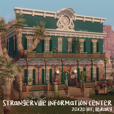 STRANGERVILLE INFORMATION CENTER -- 20x20 lot; library | amoebae on Patreon The Sims 4 Lots, San Myshuno, Sims 4 House Building, Sims 4 House Design, Casas The Sims 4, Sims Building, Open Plan Living Room, Casa Vintage, Sims House Design