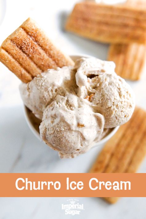 Churro Ice Cream - Ready for a delicious #summer #frozen treat #dessert #recipe? This #Churro Ice Cream is full of flavorful #cinnamon-sugar mixed throughout a creamy #vanilla ice cream base. No frying needed as churro-inspired #cookies take the place of the traditional fried dough #pastry. For more frozen dessert recipes visit www.imperialsugar.com. #imperialsugar #icecream Churro Ice Cream, Easy Ice Cream Recipe, Pumpkin Ice Cream, Homemade Vanilla Ice Cream, Baked Alaska, Ice Cream Base, Easy Ice Cream, Cream Base, Ice Cream Cookies