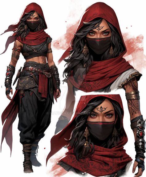 Fantasy Outfits Assassin, Black And Red Assassin Outfits Female, Woman Assassin Aesthetic Outfit, Warrior Character Design Female, Rouge Cosplay Dnd, Female Rouge Outfit Dnd, Rogue Outfit Design, Assassin Female Character Art, Dnd Cosplay Female