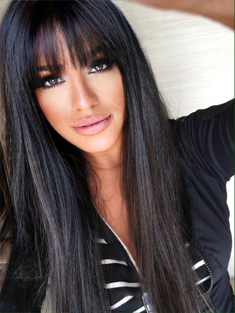 Fringed Bangs With Long Hair, Farewell Dinner Outfit, Long Hair With Straight Across Bangs, Short Thick Bangs Long Hair, Bangs Dark Hair Long, Super Long Hair With Bangs, Black Hair Balayage With Bangs, Long Dark Hair With Bangs Round Face, Long Straight Hair With Fringe