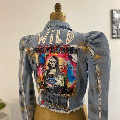 Custom Jacket Wild Spirit Size M No Stretch Painted Jacket Jean Jacket Diy Upcycling, Spirit Jacket, Shirt Upcycle Diy, Jean Jacket Design, Hand Painted Leather Jacket, Jean Jacket Diy, Distressed Cropped Denim Jacket, Upcycle Clothes Diy, Painted Denim Jacket