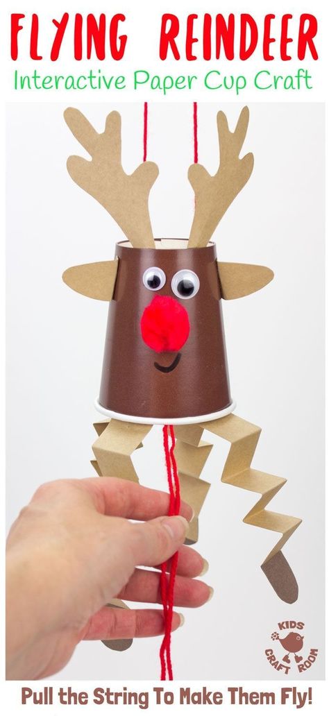 This Flying Paper Cup Reindeer Craft is so easy to make and lots of fun to play with. Pull the string to make Rudolf fly up and down! Reindeer crafts have never been such fun! An interactive Christmas craft for kids not to be missed! #rudolf #reindeer #reindeercrafts #reindeercraftsforkids #reindeercraftsforpreschoolers #reindeercraftsfortoddlers #christmas #christmascrafts #kidscrafts #kidscraftroom via @KidsCraftRoom Reindeer Crafts, Winter Animal Crafts, Flying Paper, Paper Cup Crafts, Flying Reindeer, Kids Craft Room, Reindeer Craft, Fun Christmas Crafts, Cup Crafts