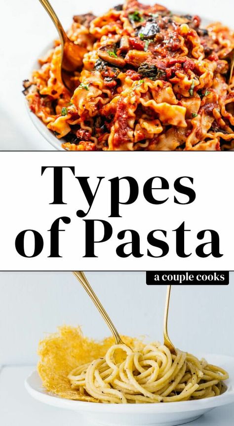 There are so many types of pasta! Here's a list of pasta shapes, from common to unique, and recipes for how to use each one of them. #typesofpasta #pastatypes #pasta #pastarecipes Pasta Types Shape Names, Roasted Eggplant Pasta, Different Types Of Pasta, Gemelli Pasta, Types Of Pasta, Eggplant Pasta, Vegan Alfredo Sauce, Creamy Vegan Pasta, A Couple Cooks