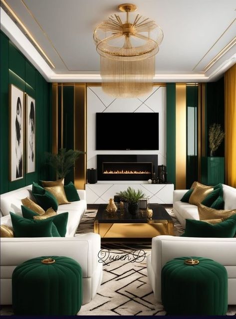 Green And Gold Living Room Decor Ideas, Emerald Green House Decor, Green And Blue Office Decor, Green And Gold Salon Decor, Emerald Couch Living Room Ideas, Emerald Living Room Decor, White And Emerald Green Bedroom, Hunter Green Living Room Decor, Emerald Green Interior Design