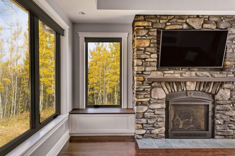 We're inspired by these gorgeous Marvin casement windows opening up the views to the fall foliage. https://www.nextdoorandwindow.com/.    #nextdoorandwindow #fallfoliage #marvinwindows Black Window Frames Exterior, Black Window Frames Exterior Houses, Window Frames Exterior, Black Framed Windows, Craftsman Style Trim, Black Window Trims, Framed Windows, Windows Black, Houses Uk