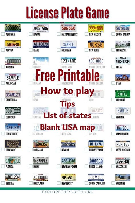 Free printable License Plate Game set. Includes page with pictures of car tags from all 50 states with check boxes and unmarked map of U.S. to fill in the states and or capitals and a list of all 50 states for reference. #cargames #travelgames #roadtrip 50 States Activities, Plate Printable, License Plate Game, 50 States Travel, Virginia History, Holiday Party Games, South Carolina Beaches, Vacation Activities, Road Trip Games