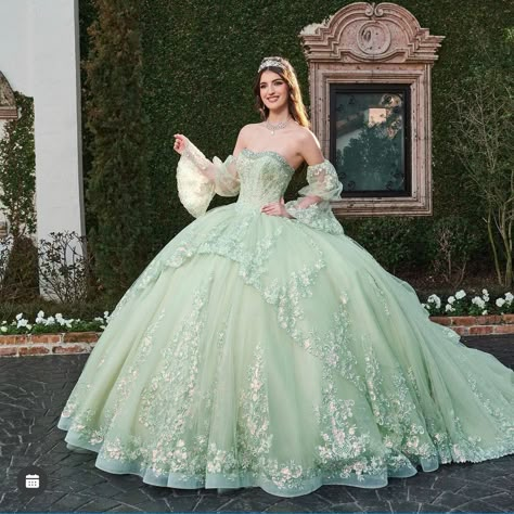 Peridot Quinceanera Dresses, Quinceanera Dresses Mint Green, Stage Green Quince Dress, Light Green Quinceanera Dresses With Flowers, Pastel Green Quince Dress, Light Green 15 Dresses Quinceanera, Sage Green Quinceanera Dresses Long Sleeve, Quinceanera Dresses Light Green, Tiana Quinceanera Dress