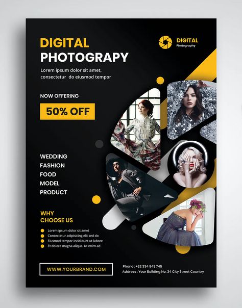 Digital Photography Flyer Template PSD Photoshop Layout Design, Photography Pamphlet Design, Photography Template Design, Poster Photography Design, Flyer Design Photography, Products Flyer Design, Photography Poster Design Creative, Photography Banner Design, Pamplet Layout Design