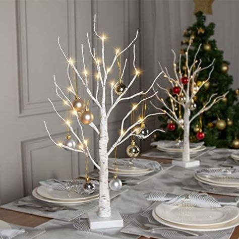 White Twig Christmas Tree Decorating Ideas, Christmas Twig Tree, White Twig Christmas Tree, Tabletop Christmas Decorations, Small White Christmas Tree, White Christmas Tree Lights, Twig Christmas Tree, Tree Bar, White Birch Trees