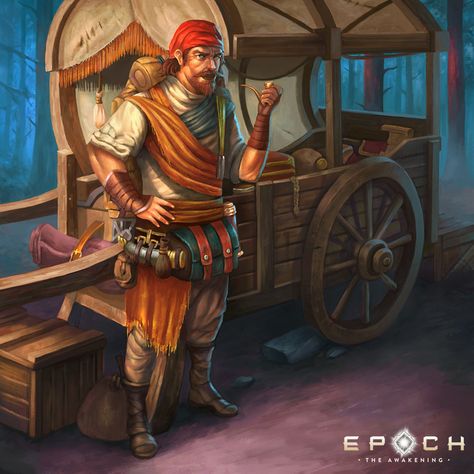 m Merchant traveling Cart market roads farmland urban story Gha-Kein by Montjart Dnd Traveling Merchant, Traveling Merchant, Conifer Forest, The Awakening, Trading Card Game, Dungeons And Dragons Characters, Fantasy Setting, High Fantasy, Fantasy Rpg