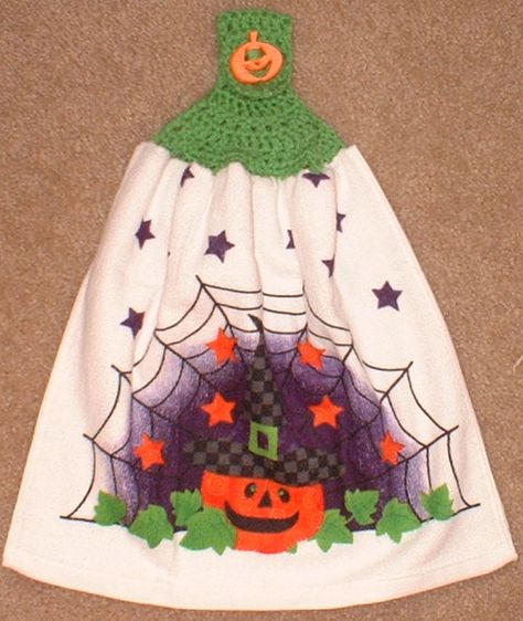 Kitchen Hanging Towel and Topper, Pumpkin, Stars and Spider Web, Crochet. $5.50, via Etsy.  Great Hostess Gift for Halloween Spider Web Pumpkin, Scary Decor, Crochet Dish Towels, Crochet Towel Topper, Pumpkin Crochet, Lantern Hanging, Towel Dress, Scary Decorations, Crochet Halloween