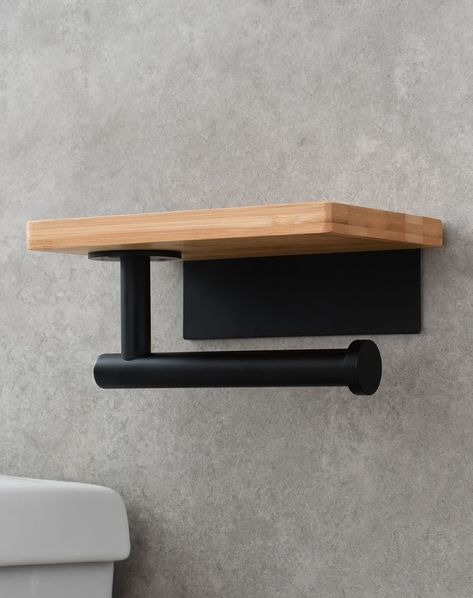 Tecmolog Rustproof Matte Black Wall Mount Toilet Paper Holder with Wood Shelf - Self Adhesive for Bathroom #Paperholder #Toilet #Bathroom https://www.sanitarya.com/products/sbh263b Toilet Paper Holder Metal, Toilet Magazine Rack, Toilet Holder Ideas, Tp Holder Diy, Paper Towel Holder Ideas, Toilet Paper Holder Wood, Wooden Toilet Paper Holder, Wood Toilet Paper Holder, Black Toilet Paper Holder