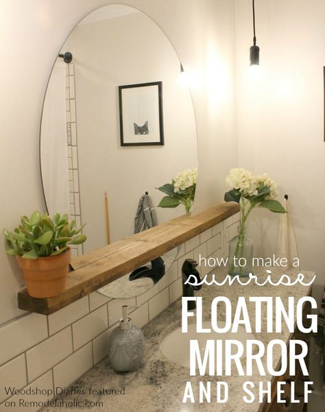 Give an inexpensive basic round mirror a modern update with this DIY sunrise floating mirror and shelf -- perfect for a bathroom vanity, but great for an entryway, too. Get this cool bathroom decor Tutorial from Woodshop Diaries on Remodelaholic.com #bathroomdecor #bathroommirror #building Makeover Kamar Mandi, Second Bathroom, Diy Remodeling, Remodeling Bathroom, Bathroom Projects, Cottage Designs, Cheap Bathrooms, Decor Ikea, Diy Bathroom Decor